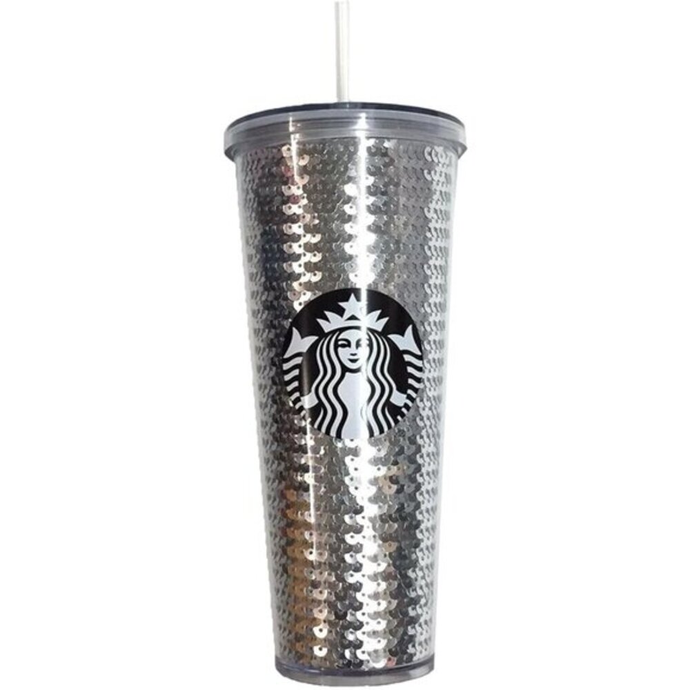 2017 Starbucks Holiday Silver Sequin 24oz Venti Cold Cup Tumbler EUC #CL-51